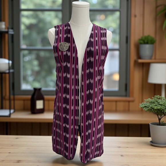 Artisan Reversible Ikat Vest Purple Black Lagenlook Boho Vest Statement Brooch